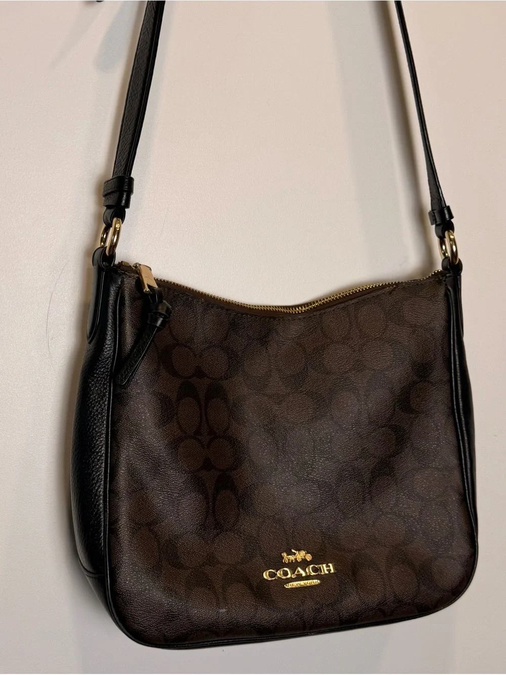 Coach Signature Brown Black Medium Zip Top Crossbody Bag Gold Hardware